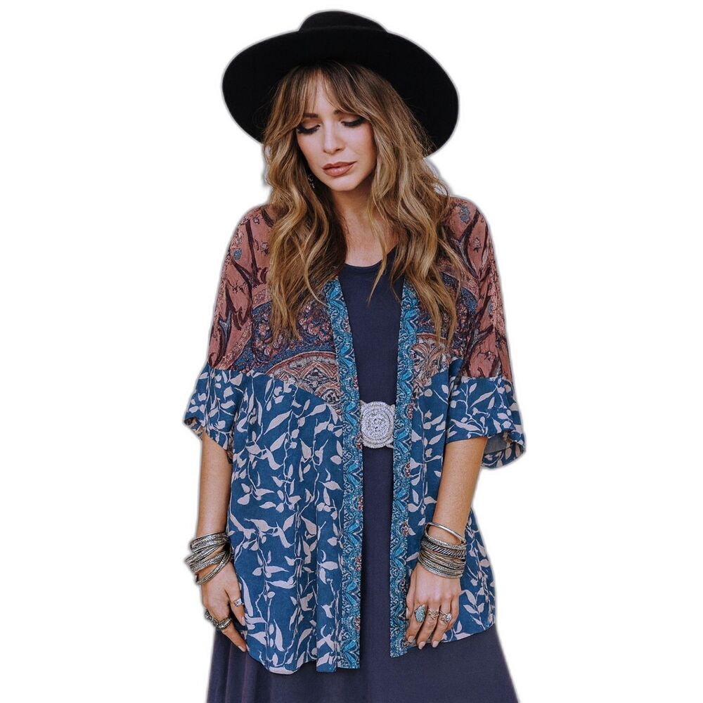 Umgee Boho Mixed Print Kimono Cardigan Paisley & Floral Flowy Light Layer L
